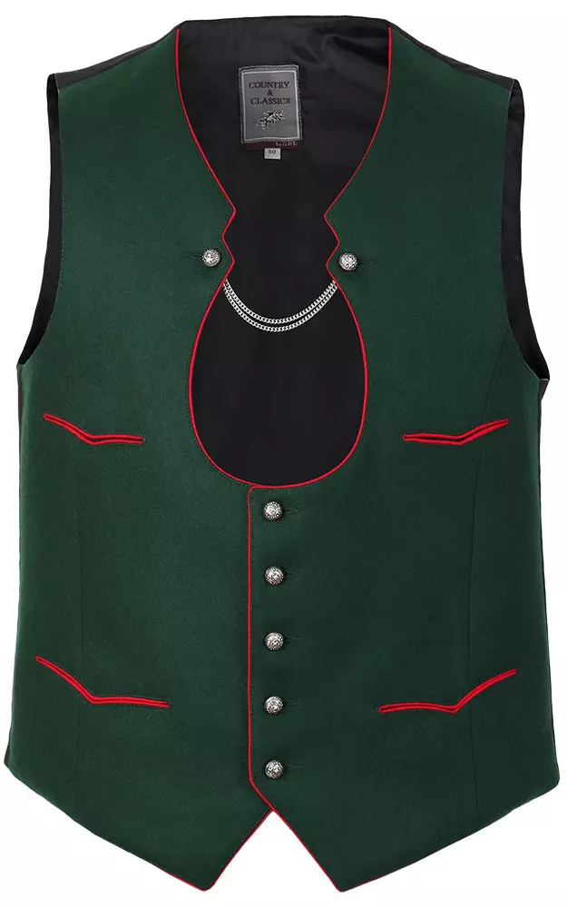 Weste Karl 3, moosgrün mit Schwalbentasche rot