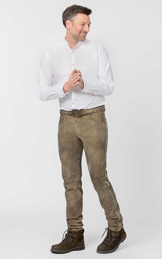 Lederhose Marlon mit Gürtel, braun gespeckt