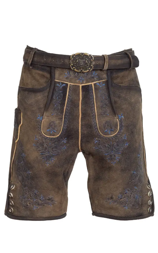 Lederhose 7734 mit Gürtel, espresso/blau