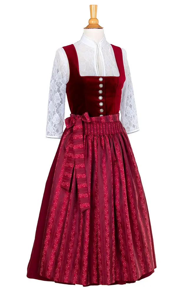 Blusendirndl Weinbach Samt rot, mit Schürze