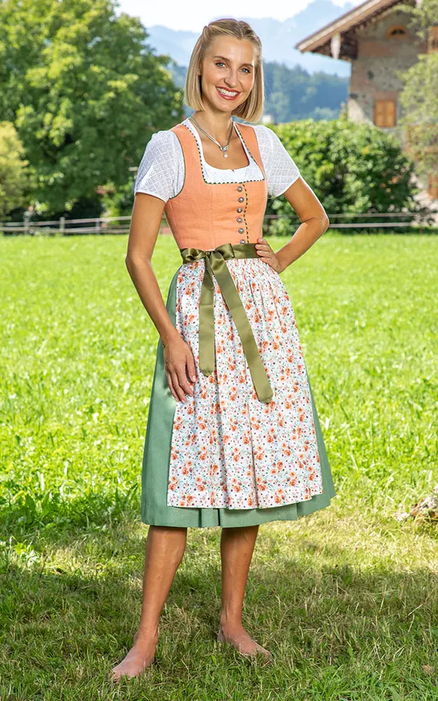 Blusendirndl Ahrtal mandarine/oliv, mit Schürze