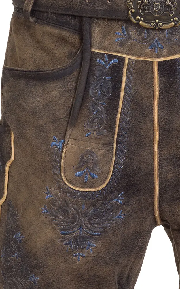 Lederhose 7734 mit Gürtel, espresso/blau