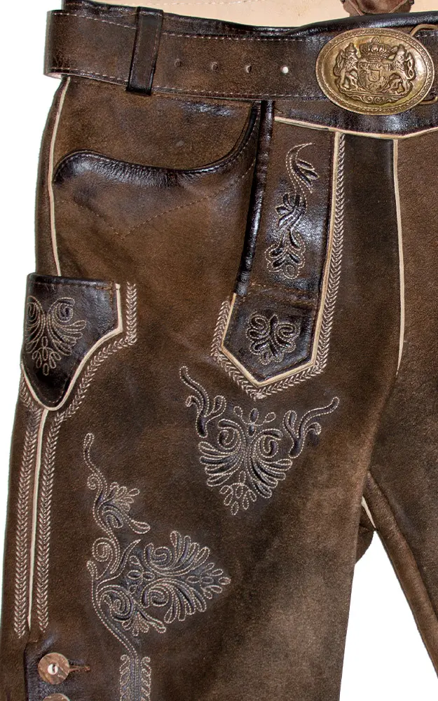 Lederhose Hubertus mit Gürtel, nuss Antik