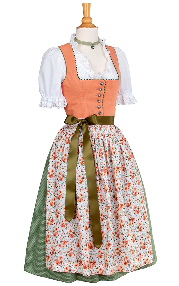 Blusendirndl Ahrtal mandarine/oliv, mit Schürze