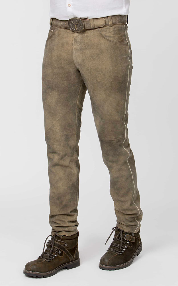 Lederhose Marlon mit Gürtel, braun gespeckt