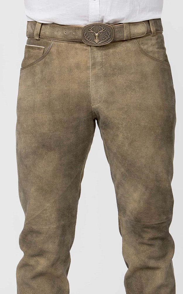 Lederhose Marlon mit Gürtel, braun gespeckt